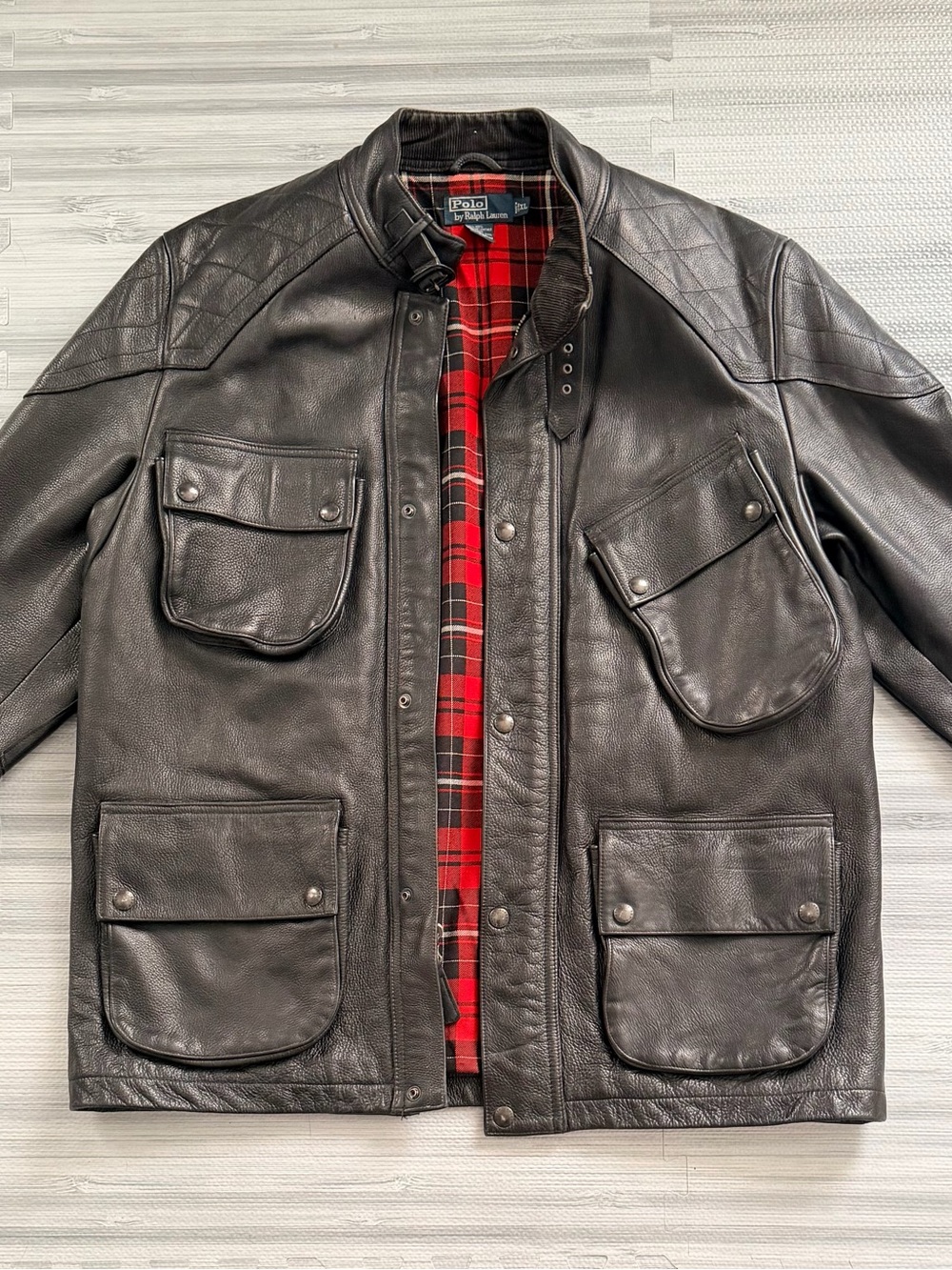 Vintage Polo Ralph Lauren Black Leather Field Barn Jacket XL Wool Plaid Lined